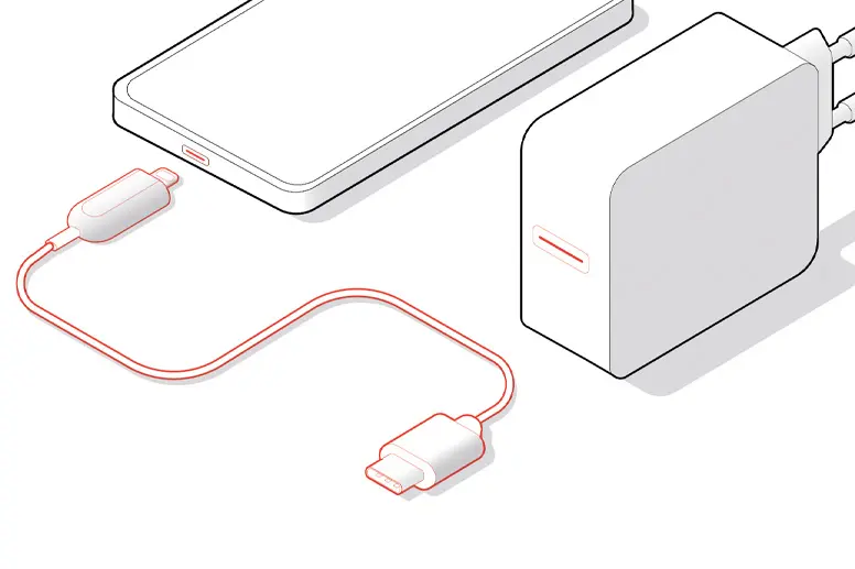 iPhone z kablem USB-C do złącza lightning i ładowarką sieciową ze złączem USB-C.